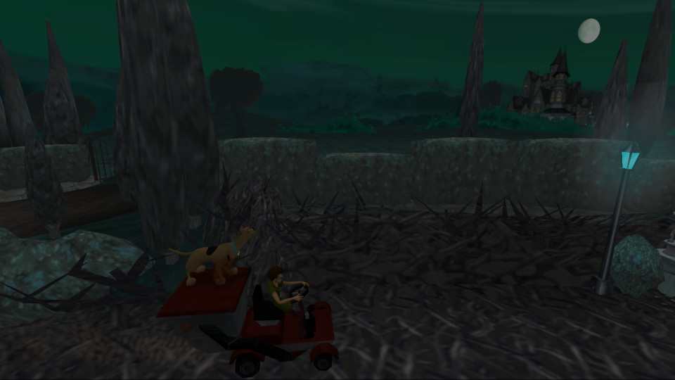 A screenshot depicting Scooby riding on the back of a lawnmower being driven by Shaggy.