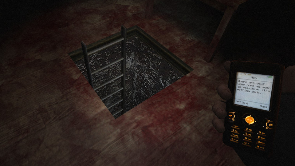 A screenshot from Cry of Fear showing a text from Simon's mom saying 'Where are you? Come home as soon as possible, it's getting dark.''