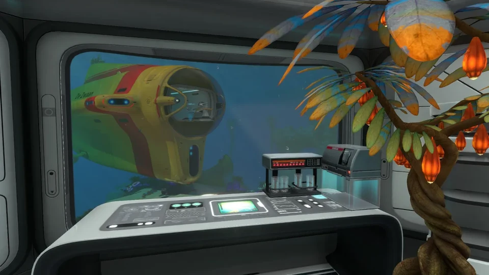 A screenshot from Subnautica showing a large yellow submarine as viewed through a large window from inside an underwater base.