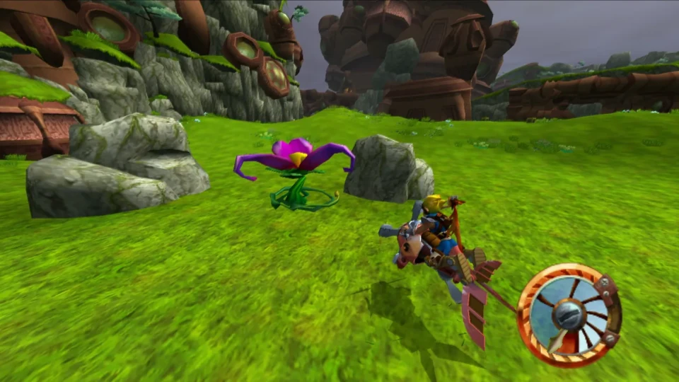 A screenshot from Jak and Daxter showing Jak and Daxter on a hover bike parked in front of a purple flower.