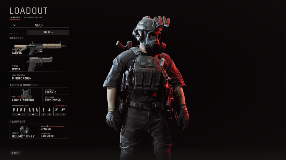 A screenshot from Ready or Not showing the loadout screen. The character is equipped with the GA416 and B92x. It looks pretty cool so it's sad you can't see it.