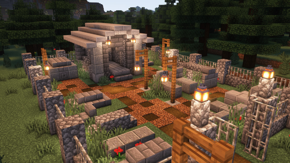 A Minecraft screen shot of a small cemetery in the clearing of a spruce forest.